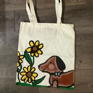 Canvas Tote Bag with Dog and Flowers Design